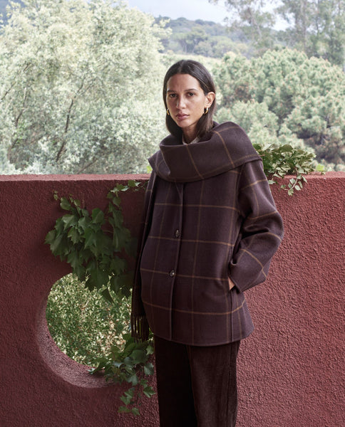 Yerse Handmade Wool Blend Coat With Scarf, Brown Check