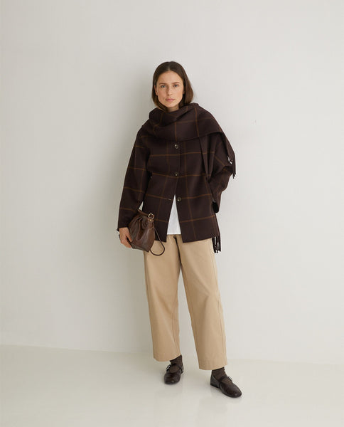 Yerse Handmade Wool Blend Coat With Scarf, Brown Check