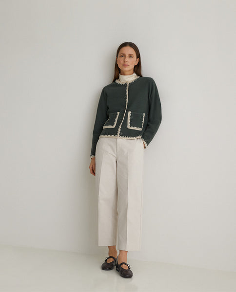 Yerse Wool Cardigan, Green with Cream Trim