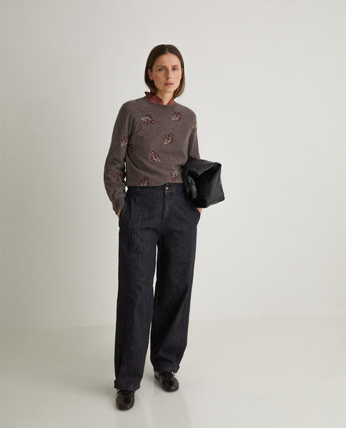 Yerse Flower Embroidery Knit, Brown
