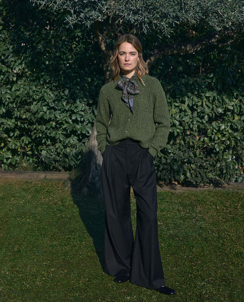 Yerse Cable Knit Wool Cardigan, Green