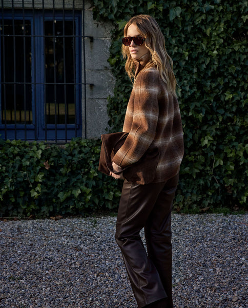 Yerse Short Wool Coat, Brown Check