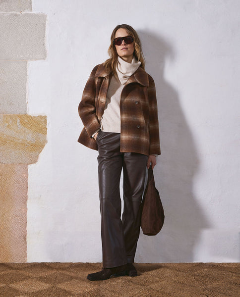Yerse Short Wool Coat, Brown Check