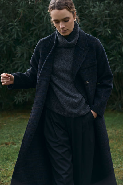 Yerse Long Wool Coat, Anthracite Check