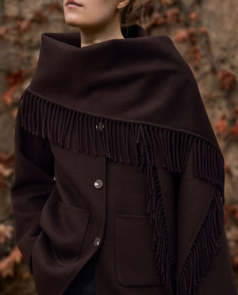 Yerse Short Wool Coat with Scarf, Chocolate Brown