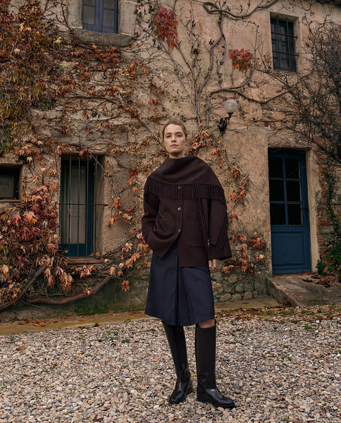 Yerse Short Wool Coat with Scarf, Chocolate Brown