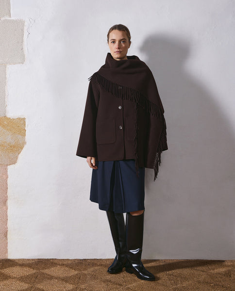 Yerse Short Wool Coat with Scarf, Chocolate Brown