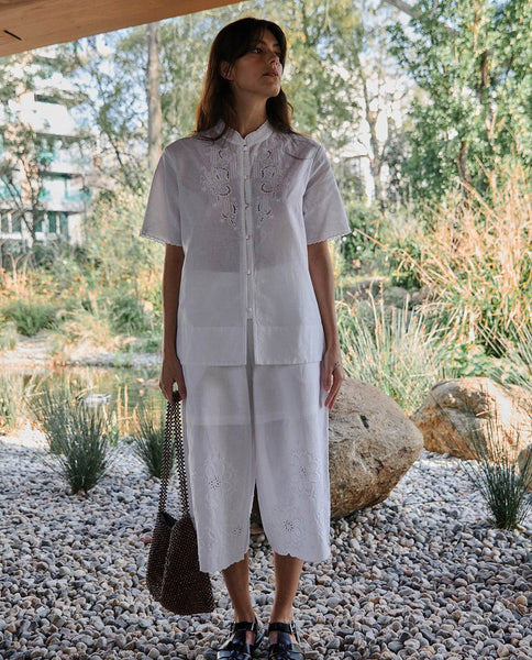 Yerse Mao Collar Linen Blend Shirt, White