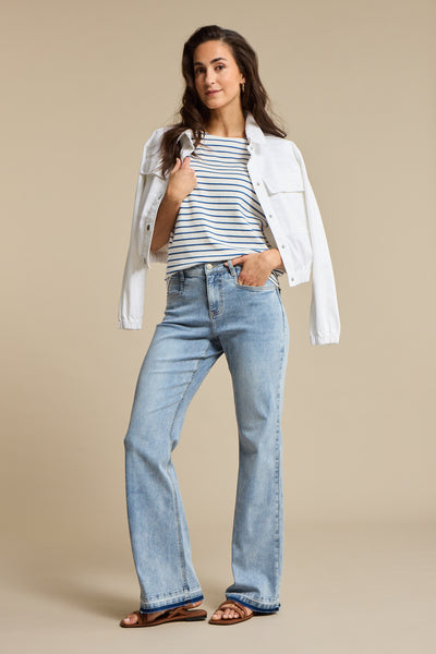 Red Button Terry Short Sleeve Top, Jeans Blue Stripe - Flax In Bloom