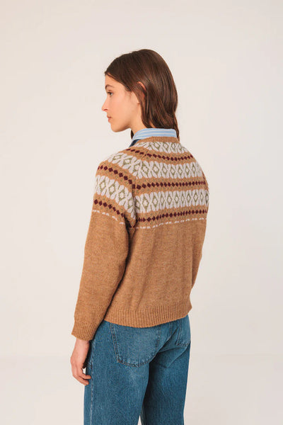Indi and Cold Fairisle Knit, Camel