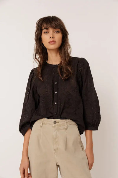 Indi and Cold Boxy Embroidered Cotton Blouse, Black
