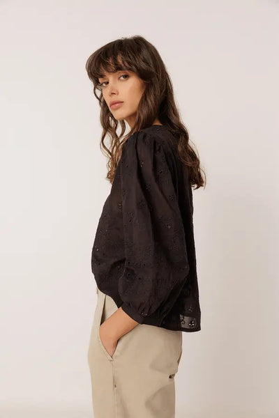 Indi and Cold Boxy Embroidered Cotton Blouse, Black
