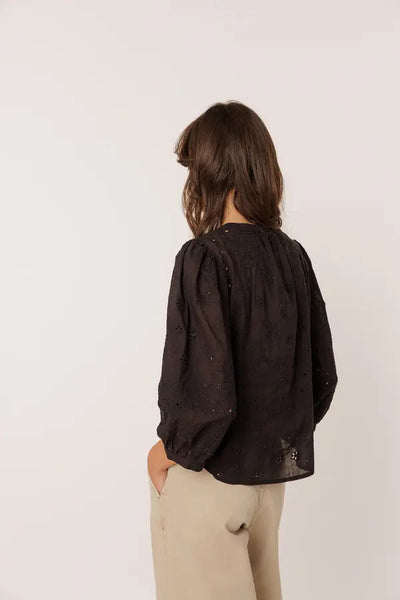 Indi and Cold Boxy Embroidered Cotton Blouse, Black