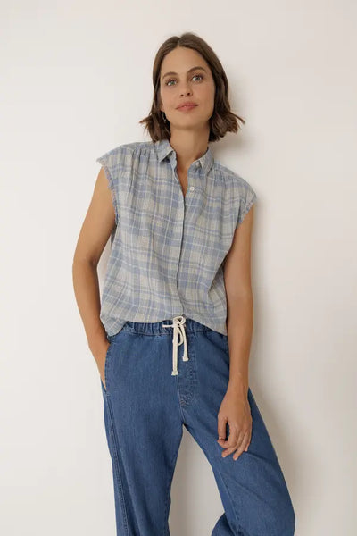 Indi and Cold Lore Frayed Cotton Shirt, Blue Check