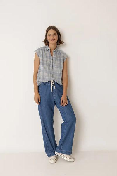Indi and Cold Lore Frayed Cotton Shirt, Blue Check