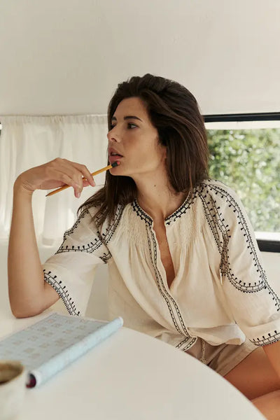 Indi and Cold Bell Sleeve Blouse, Ecru & Black