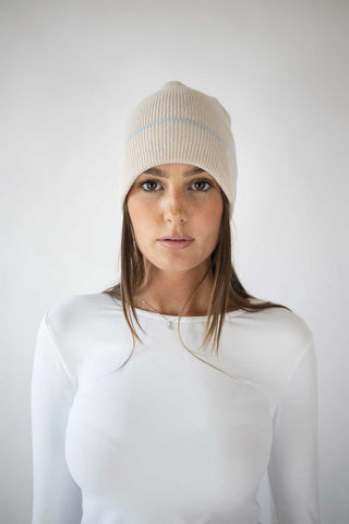 NO2MORO Beanie, Cream with Baby Blue Trim